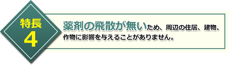 特長4 薬剤の飛散が無いため、周辺の住居、建物、作物に影響を与えることがありません。